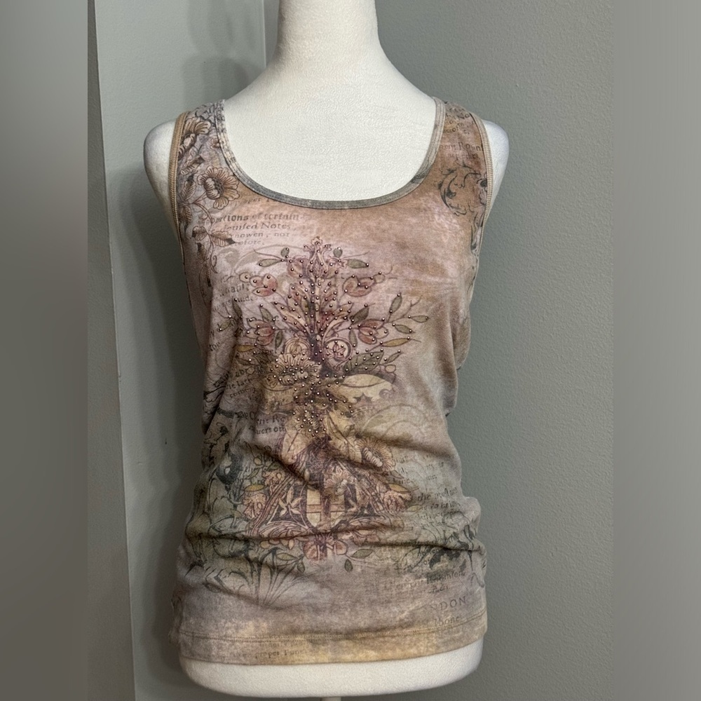 Apt. 9 Vintage Abstract Floral Tank Top with Rose-Colored Rhinestones. Size M.